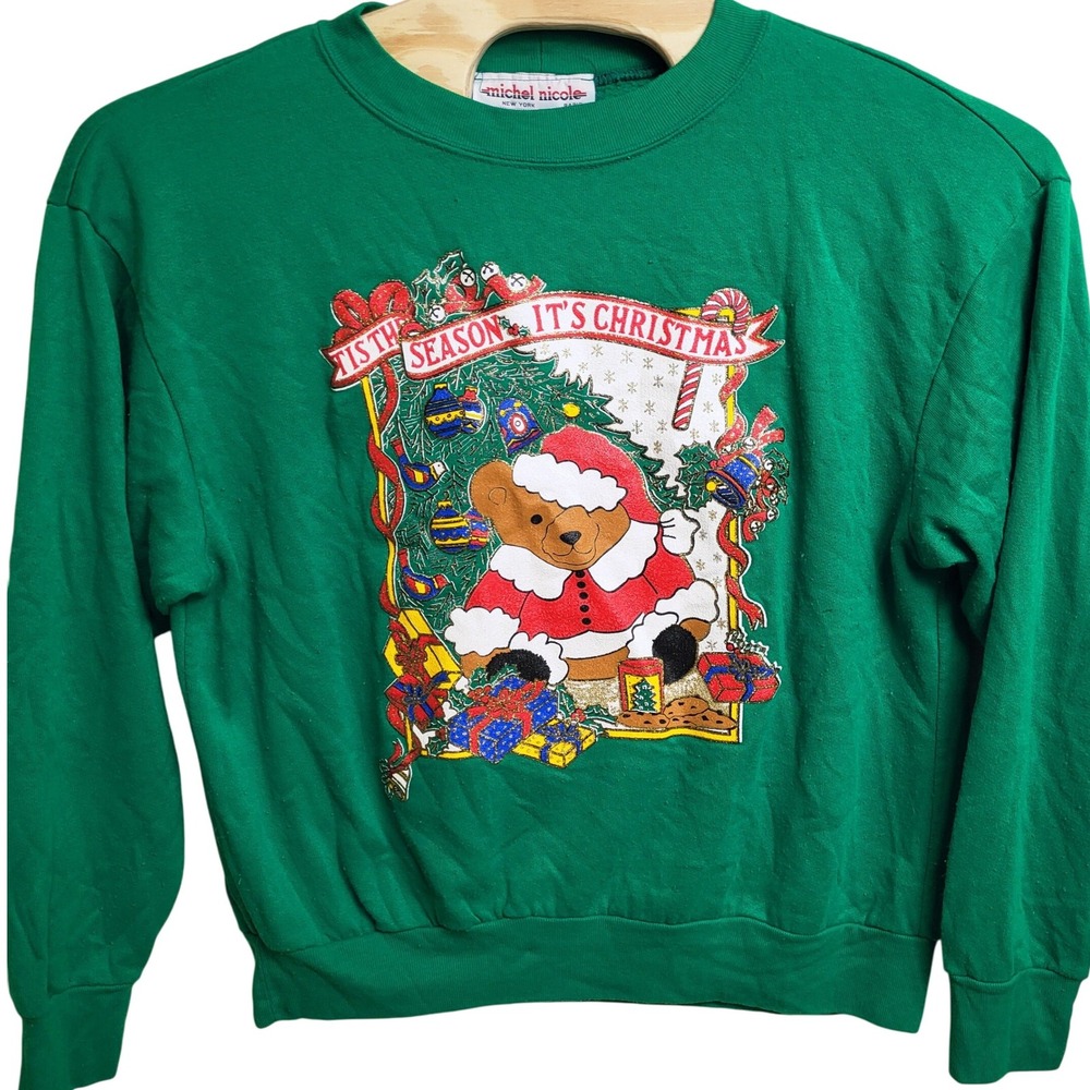 Michel Nicole Vintage Christmas Teddy‎ Bear Sweatshirt Green Long Sleeve Size 24